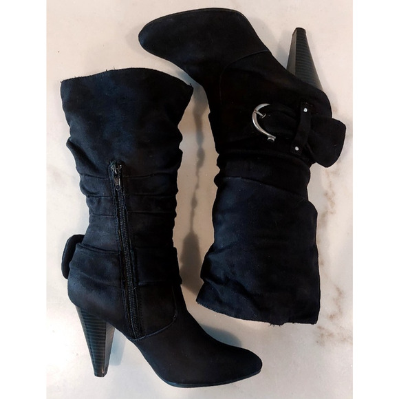 Apt. 9 Women's Black Faux Suede Mid-Calf Cone Heel Boots, Buckle Accents Size 7M - Picture 3 of 10